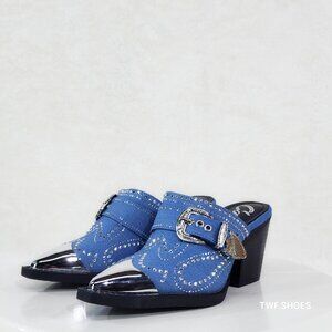 Vive Western Slip On Mules Blue Denim Rhinestones Metal Toe Guard Design